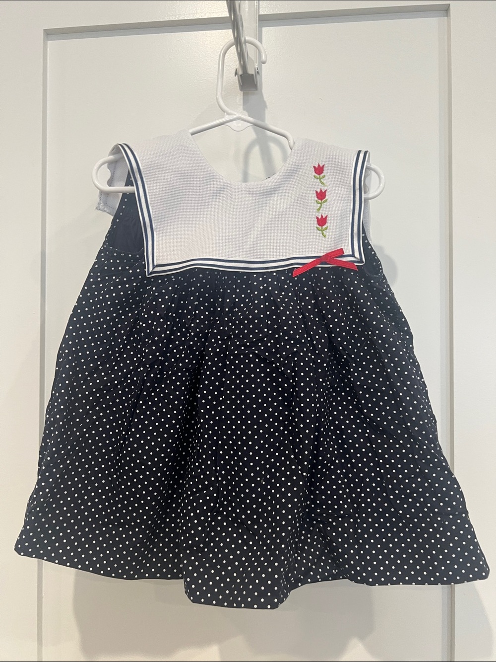Girls Navy Polka Dot Sailor Dress with White Yoke and Red Accents